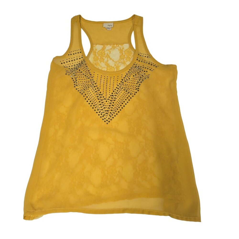 Daytrip Yellow Racerback Tank Top Rhinestones Sheer Lace Overlay Medium